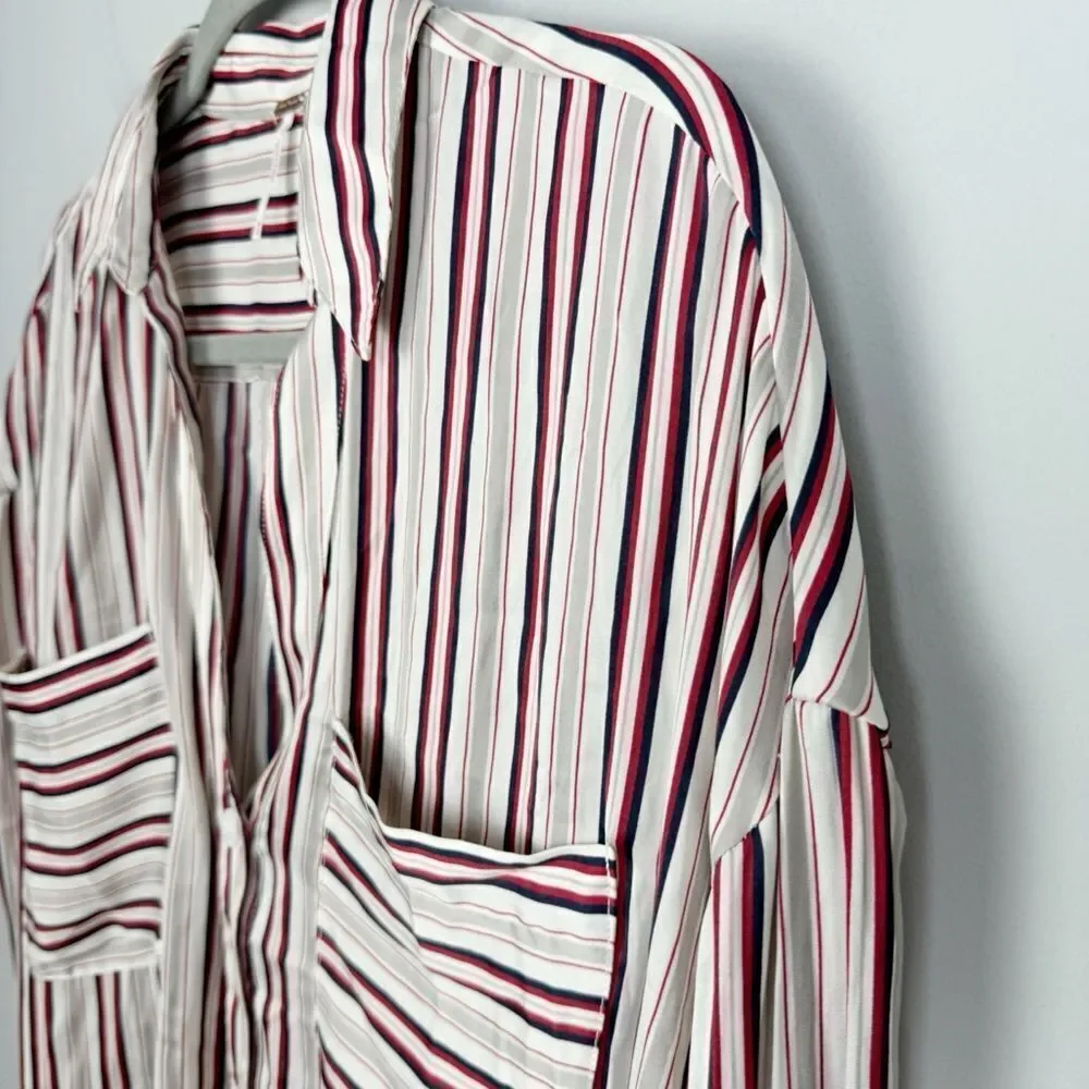 FREE PEOPLE | NEW Striped Button Front Double Pocket Long Sleeve Top Women’s M